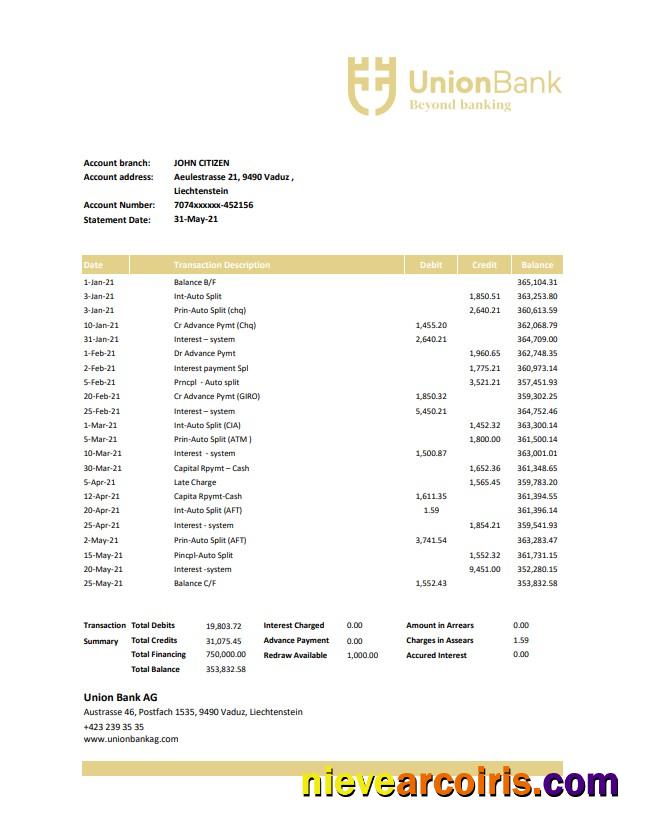 Liechtenstein Union Bank AG bank statement easy to fill in Excel and PDF format